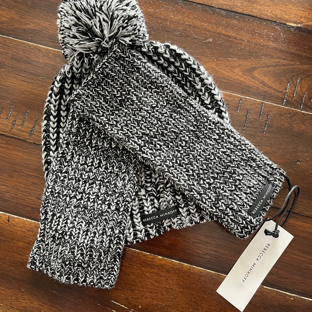 Rebecca Minkoff Black & White Marled Pom Hat and Mittens Set
